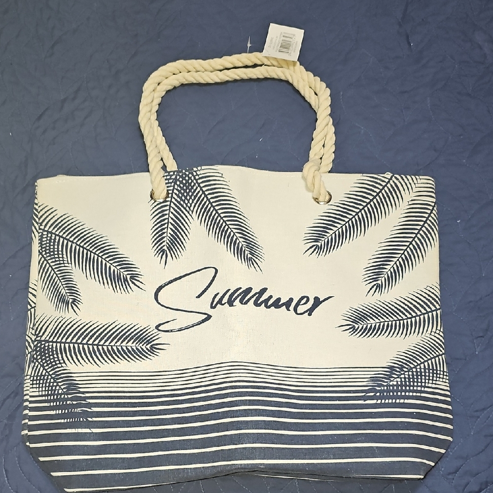 Summer Palm Print Tote Bag - Navy and Cream